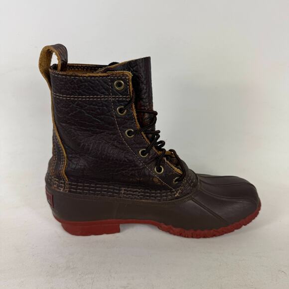 L.L.Bean Bison Duck Booties Women's 7 Dark Brown Leather Pull-On Lace-Up Boots - Picture 3 of 10